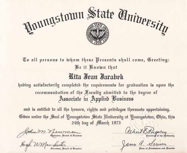 Rita's Diploma from Youngstown University